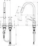 Küchenmischer mit zwei Löchern, Umstellhebel und Ausziehbrause von AXOR. Technische Zeichnung mit Maßen und Anschlüssen. Design für moderne Küchenanwendungen.